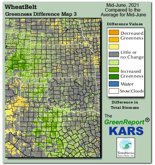 Color-coded Wheat Belt vegetation greeness index map for Period 25 of 2021, illustrating spatial variations in plant vigor, with greener tones indicating higher biomass and browner tones indicating stressed vegetation,
              comparing current crop/vegetation change in biomass to the 20-year greenness average.