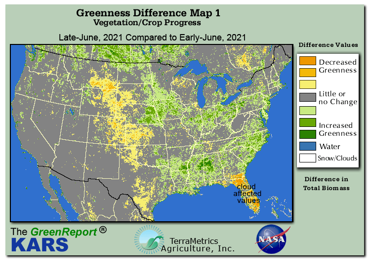 Color-coded U.S. vegetation greeness index map for Period 26 of 2021, illustrating spatial variations in plant vigor, with greener tones indicating higher biomass and browner tones indicating stressed vegetation,
              comparing current crop/vegetation change in biomass to the previous week within the same year.