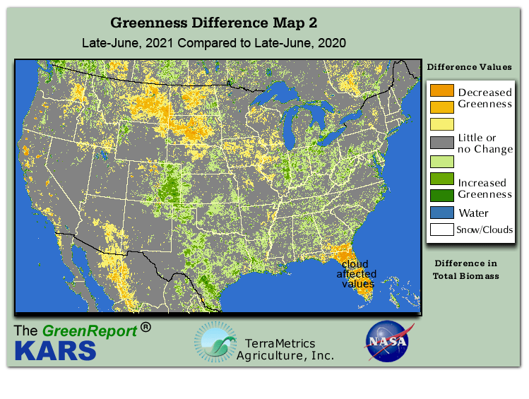Color-coded U.S. vegetation greeness index map for Period 26 of 2021, illustrating spatial variations in plant vigor, with greener tones indicating higher biomass and browner tones indicating stressed vegetation,
              comparing current crop/vegetation change in biomass to same period from the previous year.
