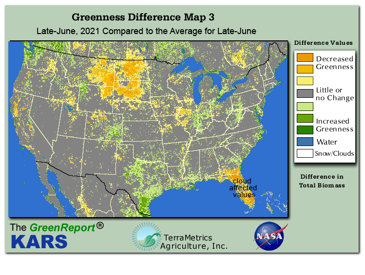 Color-coded U.S. vegetation greeness index map for Period 26 of 2021, illustrating spatial variations in plant vigor, with greener tones indicating higher biomass and browner tones indicating stressed vegetation,
              comparing current crop/vegetation change in biomass to the 20-year greenness average.
