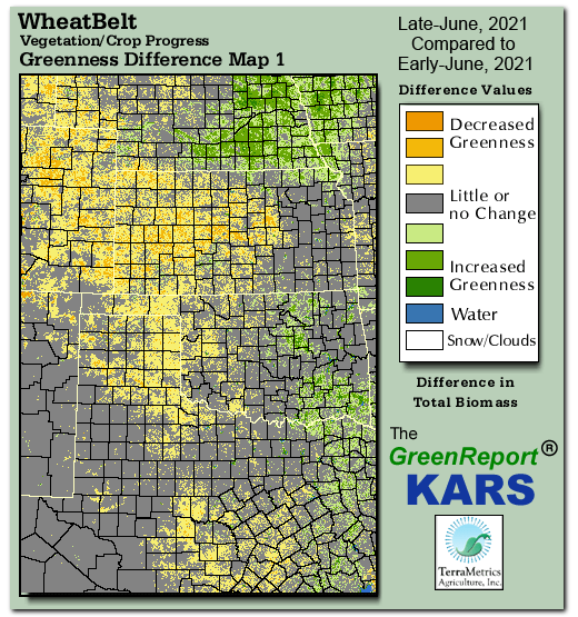 Color-coded Wheat Belt vegetation greeness index map for Period 26 of 2021, illustrating spatial variations in plant vigor, with greener tones indicating higher biomass and browner tones indicating stressed vegetation,
              comparing current crop/vegetation change in biomass to the previous week within the same year.
