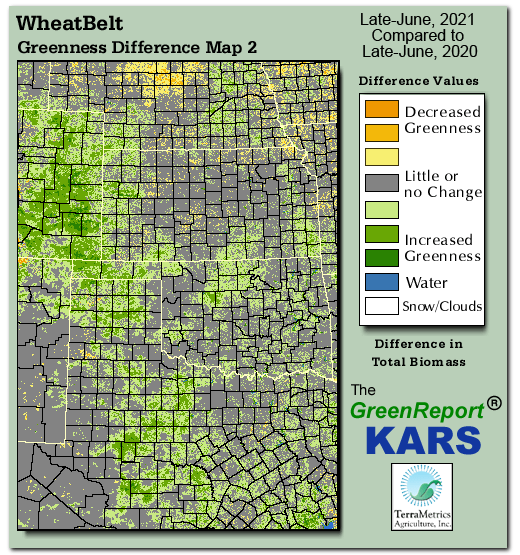 Color-coded Wheat Belt vegetation greeness index map for Period 26 of 2021, illustrating spatial variations in plant vigor, with greener tones indicating higher biomass and browner tones indicating stressed vegetation,
              comparing current crop/vegetation change in biomass to same period from the previous year.