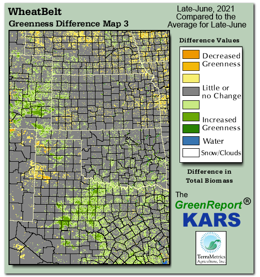 Color-coded Wheat Belt vegetation greeness index map for Period 26 of 2021, illustrating spatial variations in plant vigor, with greener tones indicating higher biomass and browner tones indicating stressed vegetation,
              comparing current crop/vegetation change in biomass to the 20-year greenness average.