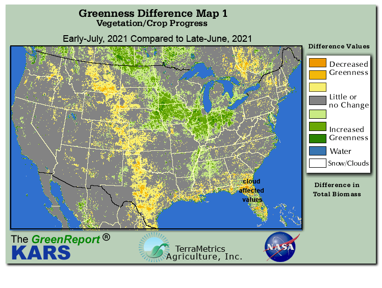 Color-coded U.S. vegetation greeness index map for Period 27 of 2021, illustrating spatial variations in plant vigor, with greener tones indicating higher biomass and browner tones indicating stressed vegetation,
              comparing current crop/vegetation change in biomass to the previous week within the same year.