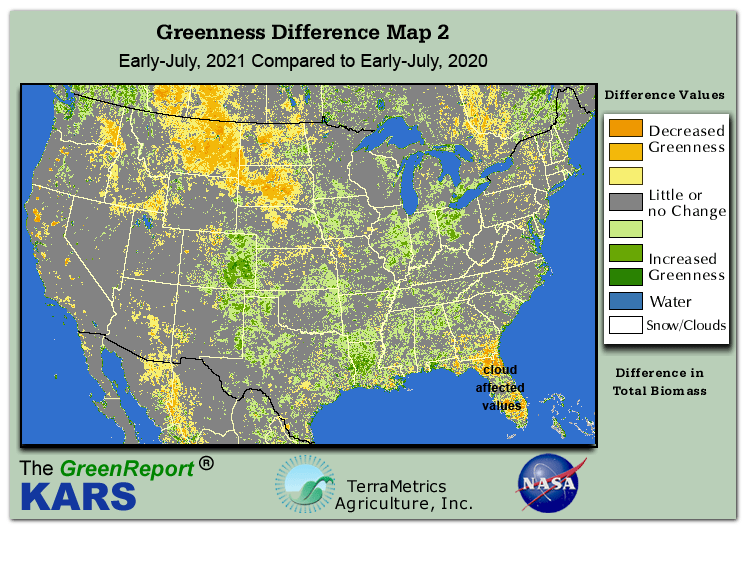 Color-coded U.S. vegetation greeness index map for Period 27 of 2021, illustrating spatial variations in plant vigor, with greener tones indicating higher biomass and browner tones indicating stressed vegetation,
              comparing current crop/vegetation change in biomass to same period from the previous year.
