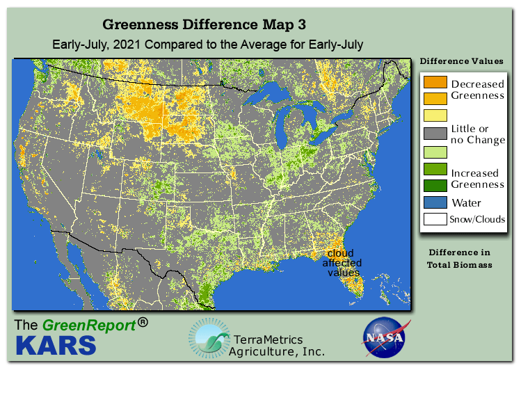 Color-coded U.S. vegetation greeness index map for Period 27 of 2021, illustrating spatial variations in plant vigor, with greener tones indicating higher biomass and browner tones indicating stressed vegetation,
              comparing current crop/vegetation change in biomass to the 20-year greenness average.