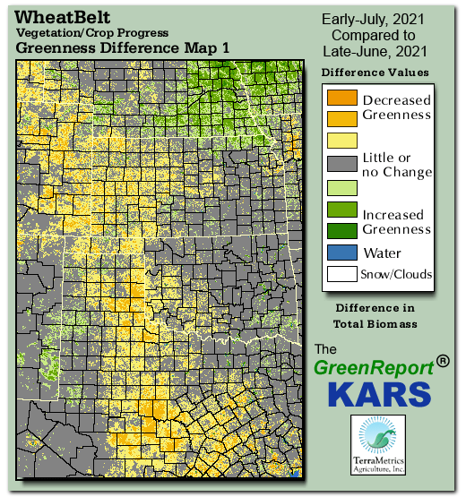 Color-coded Wheat Belt vegetation greeness index map for Period 27 of 2021, illustrating spatial variations in plant vigor, with greener tones indicating higher biomass and browner tones indicating stressed vegetation,
              comparing current crop/vegetation change in biomass to the previous week within the same year.