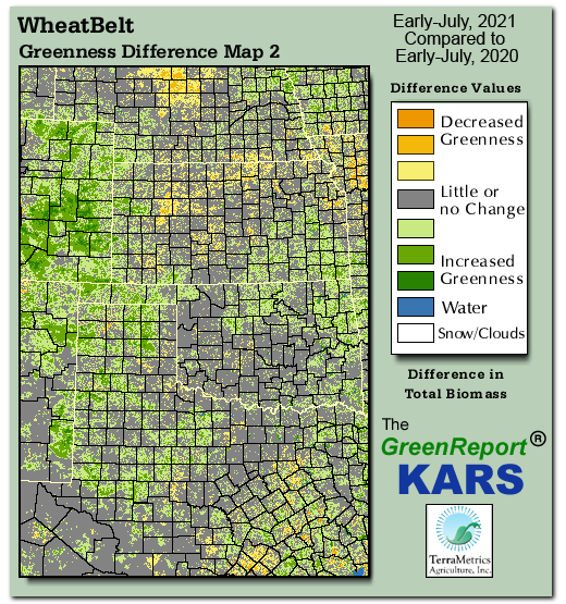 Color-coded Wheat Belt vegetation greeness index map for Period 27 of 2021, illustrating spatial variations in plant vigor, with greener tones indicating higher biomass and browner tones indicating stressed vegetation,
              comparing current crop/vegetation change in biomass to same period from the previous year.