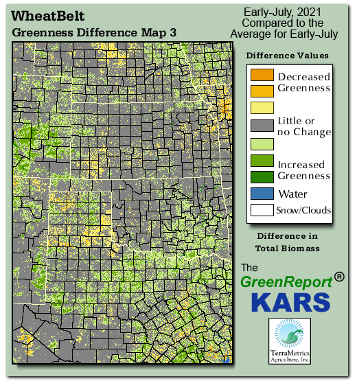 Color-coded Wheat Belt vegetation greeness index map for Period 27 of 2021, illustrating spatial variations in plant vigor, with greener tones indicating higher biomass and browner tones indicating stressed vegetation,
              comparing current crop/vegetation change in biomass to the 20-year greenness average.