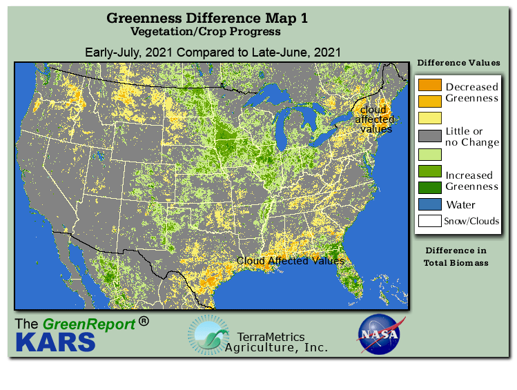 Color-coded U.S. vegetation greeness index map for Period 28 of 2021, illustrating spatial variations in plant vigor, with greener tones indicating higher biomass and browner tones indicating stressed vegetation,
              comparing current crop/vegetation change in biomass to the previous week within the same year.