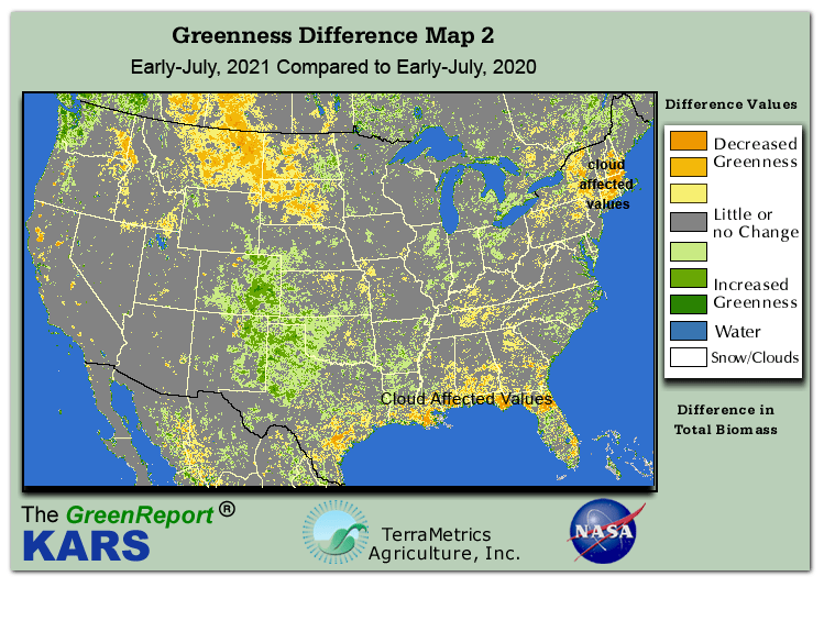 Color-coded U.S. vegetation greeness index map for Period 28 of 2021, illustrating spatial variations in plant vigor, with greener tones indicating higher biomass and browner tones indicating stressed vegetation,
              comparing current crop/vegetation change in biomass to same period from the previous year.