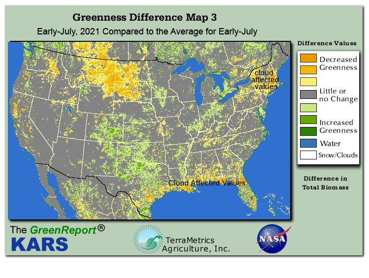 Color-coded U.S. vegetation greeness index map for Period 28 of 2021, illustrating spatial variations in plant vigor, with greener tones indicating higher biomass and browner tones indicating stressed vegetation,
              comparing current crop/vegetation change in biomass to the 20-year greenness average.