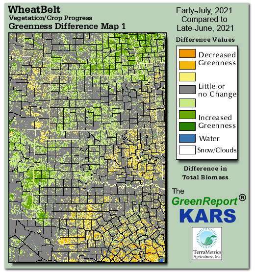 Color-coded Wheat Belt vegetation greeness index map for Period 28 of 2021, illustrating spatial variations in plant vigor, with greener tones indicating higher biomass and browner tones indicating stressed vegetation,
              comparing current crop/vegetation change in biomass to the previous week within the same year.