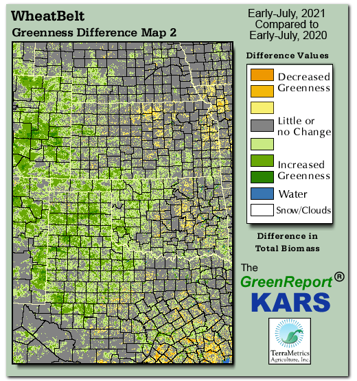 Color-coded Wheat Belt vegetation greeness index map for Period 28 of 2021, illustrating spatial variations in plant vigor, with greener tones indicating higher biomass and browner tones indicating stressed vegetation,
              comparing current crop/vegetation change in biomass to same period from the previous year.