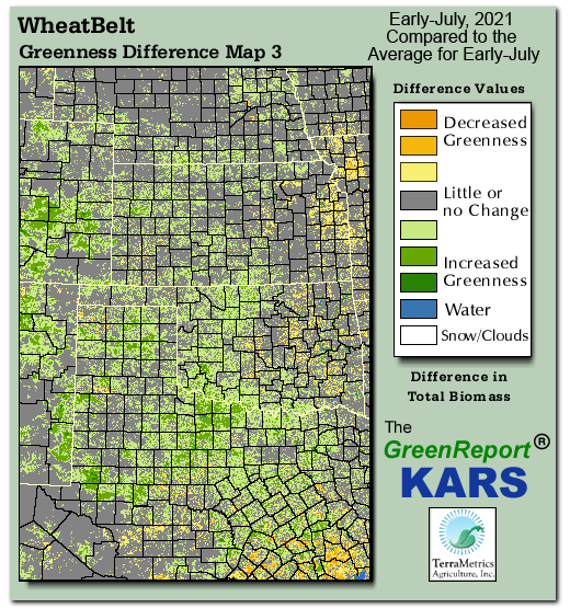 Color-coded Wheat Belt vegetation greeness index map for Period 28 of 2021, illustrating spatial variations in plant vigor, with greener tones indicating higher biomass and browner tones indicating stressed vegetation,
              comparing current crop/vegetation change in biomass to the 20-year greenness average.
