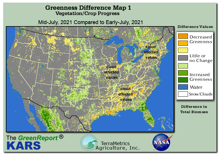 Color-coded U.S. vegetation greeness index map for Period 29 of 2021, illustrating spatial variations in plant vigor, with greener tones indicating higher biomass and browner tones indicating stressed vegetation,
              comparing current crop/vegetation change in biomass to the previous week within the same year.