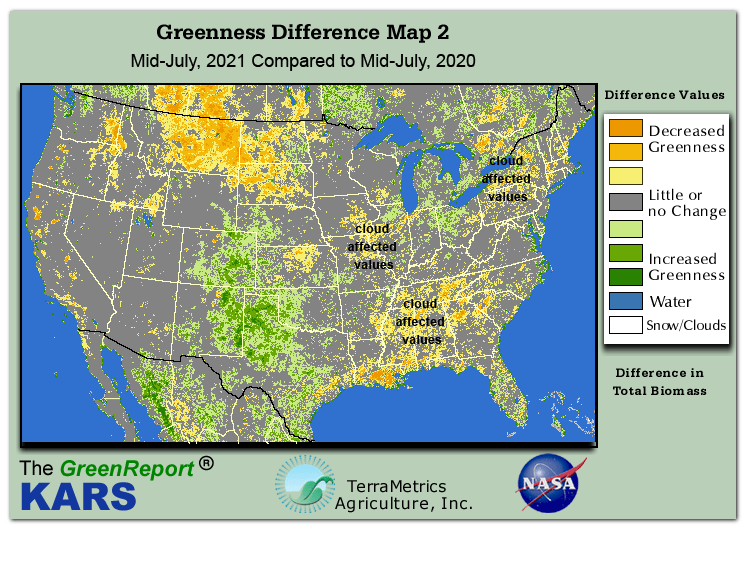 Color-coded U.S. vegetation greeness index map for Period 29 of 2021, illustrating spatial variations in plant vigor, with greener tones indicating higher biomass and browner tones indicating stressed vegetation,
              comparing current crop/vegetation change in biomass to same period from the previous year.
