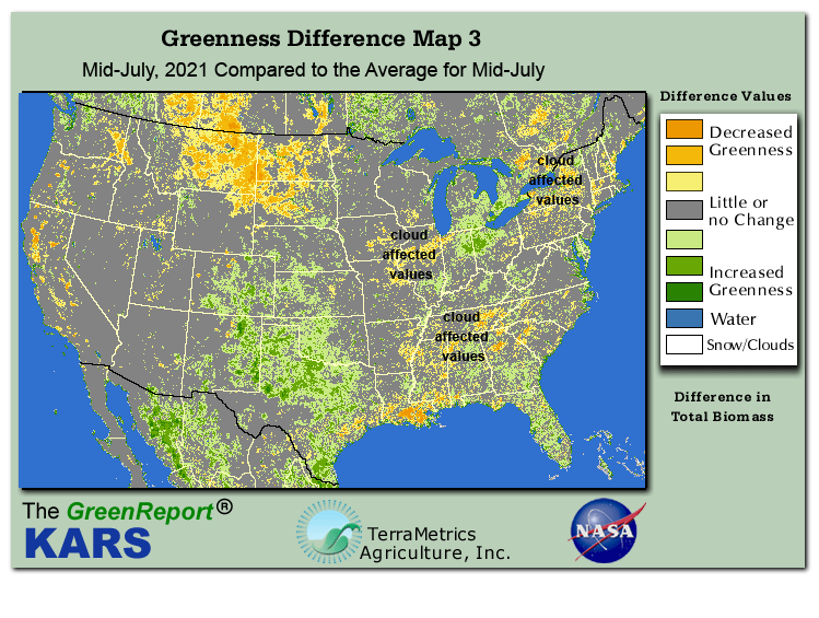 Color-coded U.S. vegetation greeness index map for Period 29 of 2021, illustrating spatial variations in plant vigor, with greener tones indicating higher biomass and browner tones indicating stressed vegetation,
              comparing current crop/vegetation change in biomass to the 20-year greenness average.