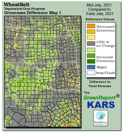 Color-coded Wheat Belt vegetation greeness index map for Period 29 of 2021, illustrating spatial variations in plant vigor, with greener tones indicating higher biomass and browner tones indicating stressed vegetation,
              comparing current crop/vegetation change in biomass to the previous week within the same year.