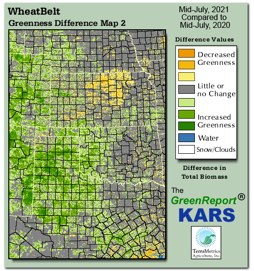 Color-coded Wheat Belt vegetation greeness index map for Period 29 of 2021, illustrating spatial variations in plant vigor, with greener tones indicating higher biomass and browner tones indicating stressed vegetation,
              comparing current crop/vegetation change in biomass to same period from the previous year.