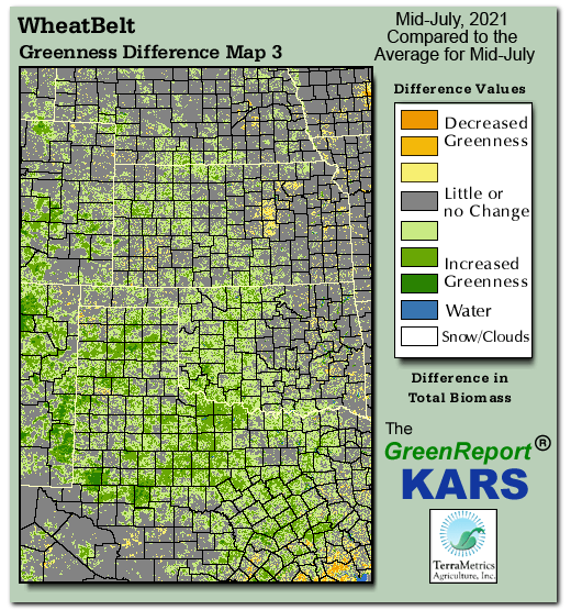 Color-coded Wheat Belt vegetation greeness index map for Period 29 of 2021, illustrating spatial variations in plant vigor, with greener tones indicating higher biomass and browner tones indicating stressed vegetation,
              comparing current crop/vegetation change in biomass to the 20-year greenness average.