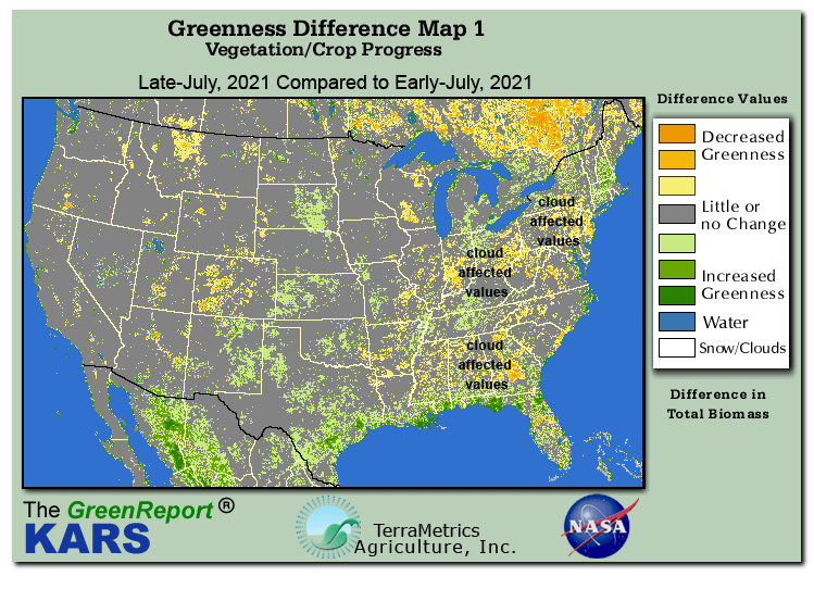 Color-coded U.S. vegetation greeness index map for Period 30 of 2021, illustrating spatial variations in plant vigor, with greener tones indicating higher biomass and browner tones indicating stressed vegetation,
              comparing current crop/vegetation change in biomass to the previous week within the same year.