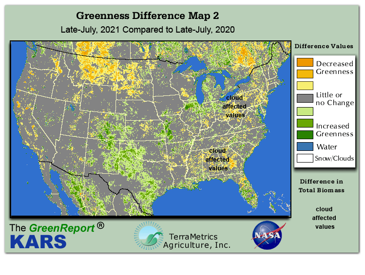 Color-coded U.S. vegetation greeness index map for Period 30 of 2021, illustrating spatial variations in plant vigor, with greener tones indicating higher biomass and browner tones indicating stressed vegetation,
              comparing current crop/vegetation change in biomass to same period from the previous year.