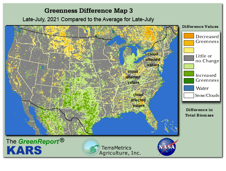 Color-coded U.S. vegetation greeness index map for Period 30 of 2021, illustrating spatial variations in plant vigor, with greener tones indicating higher biomass and browner tones indicating stressed vegetation,
              comparing current crop/vegetation change in biomass to the 20-year greenness average.