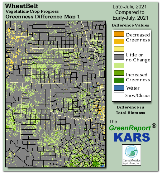 Color-coded Wheat Belt vegetation greeness index map for Period 30 of 2021, illustrating spatial variations in plant vigor, with greener tones indicating higher biomass and browner tones indicating stressed vegetation,
              comparing current crop/vegetation change in biomass to the previous week within the same year.