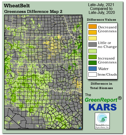 Color-coded Wheat Belt vegetation greeness index map for Period 30 of 2021, illustrating spatial variations in plant vigor, with greener tones indicating higher biomass and browner tones indicating stressed vegetation,
              comparing current crop/vegetation change in biomass to same period from the previous year.