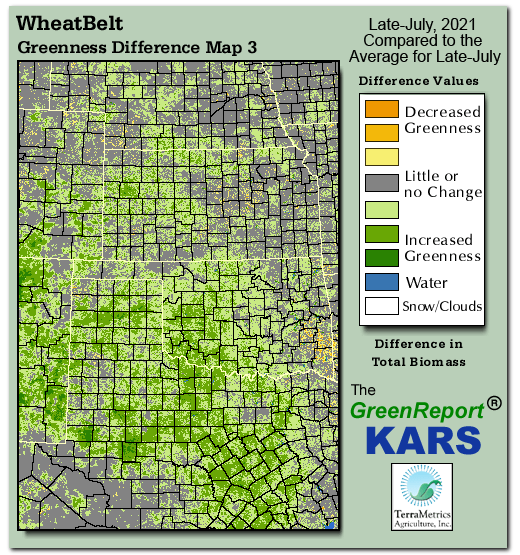 Color-coded Wheat Belt vegetation greeness index map for Period 30 of 2021, illustrating spatial variations in plant vigor, with greener tones indicating higher biomass and browner tones indicating stressed vegetation,
              comparing current crop/vegetation change in biomass to the 20-year greenness average.