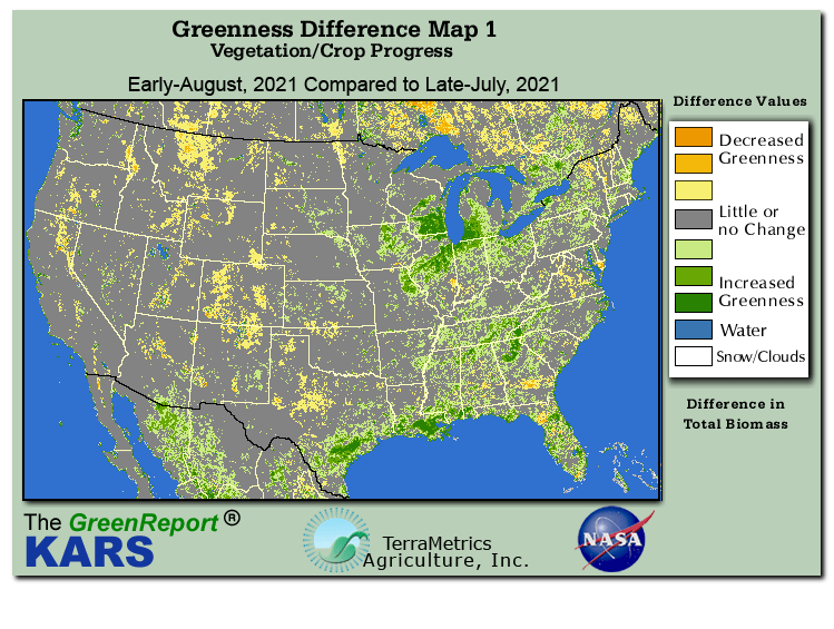 Color-coded U.S. vegetation greeness index map for Period 31 of 2021, illustrating spatial variations in plant vigor, with greener tones indicating higher biomass and browner tones indicating stressed vegetation,
              comparing current crop/vegetation change in biomass to the previous week within the same year.