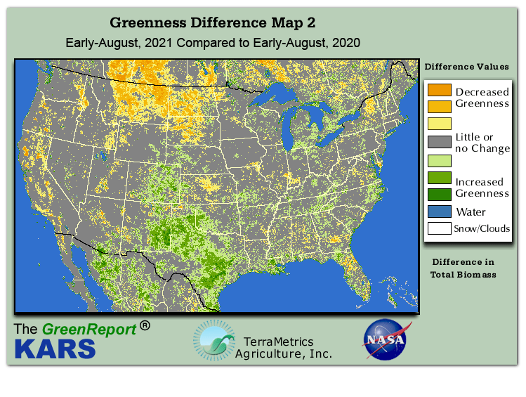 Color-coded U.S. vegetation greeness index map for Period 31 of 2021, illustrating spatial variations in plant vigor, with greener tones indicating higher biomass and browner tones indicating stressed vegetation,
              comparing current crop/vegetation change in biomass to same period from the previous year.