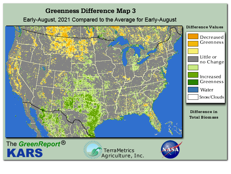 Color-coded U.S. vegetation greeness index map for Period 31 of 2021, illustrating spatial variations in plant vigor, with greener tones indicating higher biomass and browner tones indicating stressed vegetation,
              comparing current crop/vegetation change in biomass to the 20-year greenness average.