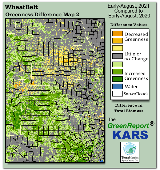 Color-coded Wheat Belt vegetation greeness index map for Period 31 of 2021, illustrating spatial variations in plant vigor, with greener tones indicating higher biomass and browner tones indicating stressed vegetation,
              comparing current crop/vegetation change in biomass to same period from the previous year.