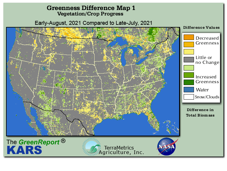 Color-coded U.S. vegetation greeness index map for Period 32 of 2021, illustrating spatial variations in plant vigor, with greener tones indicating higher biomass and browner tones indicating stressed vegetation,
              comparing current crop/vegetation change in biomass to the previous week within the same year.