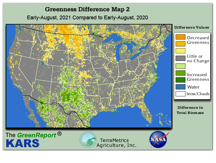 Color-coded U.S. vegetation greeness index map for Period 32 of 2021, illustrating spatial variations in plant vigor, with greener tones indicating higher biomass and browner tones indicating stressed vegetation,
              comparing current crop/vegetation change in biomass to same period from the previous year.