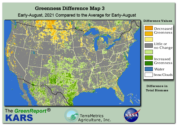 Color-coded U.S. vegetation greeness index map for Period 32 of 2021, illustrating spatial variations in plant vigor, with greener tones indicating higher biomass and browner tones indicating stressed vegetation,
              comparing current crop/vegetation change in biomass to the 20-year greenness average.