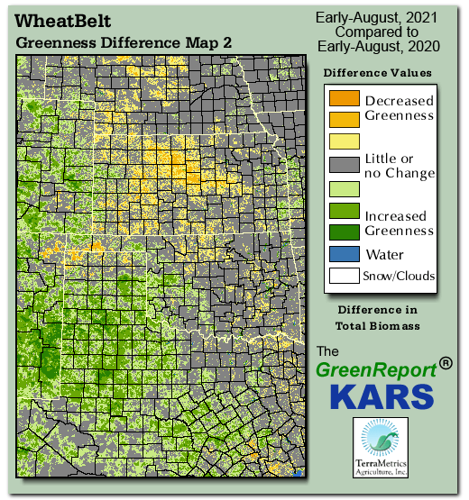 Color-coded Wheat Belt vegetation greeness index map for Period 32 of 2021, illustrating spatial variations in plant vigor, with greener tones indicating higher biomass and browner tones indicating stressed vegetation,
              comparing current crop/vegetation change in biomass to same period from the previous year.