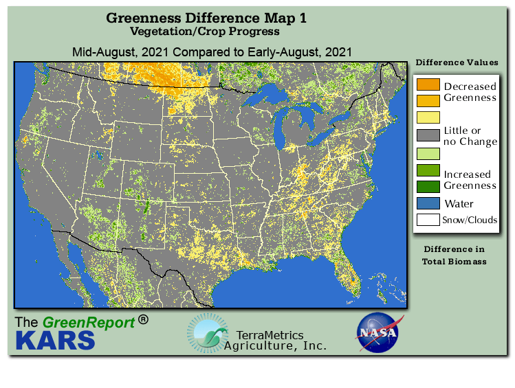 Color-coded U.S. vegetation greeness index map for Period 33 of 2021, illustrating spatial variations in plant vigor, with greener tones indicating higher biomass and browner tones indicating stressed vegetation,
              comparing current crop/vegetation change in biomass to the previous week within the same year.