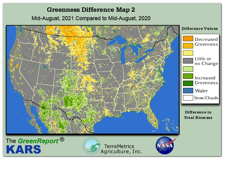 Color-coded U.S. vegetation greeness index map for Period 33 of 2021, illustrating spatial variations in plant vigor, with greener tones indicating higher biomass and browner tones indicating stressed vegetation,
              comparing current crop/vegetation change in biomass to same period from the previous year.