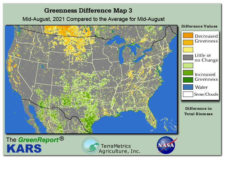 Color-coded U.S. vegetation greeness index map for Period 33 of 2021, illustrating spatial variations in plant vigor, with greener tones indicating higher biomass and browner tones indicating stressed vegetation,
              comparing current crop/vegetation change in biomass to the 20-year greenness average.