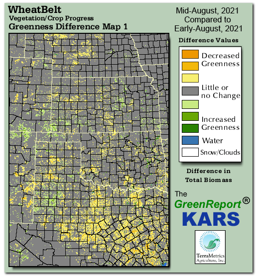 Color-coded Wheat Belt vegetation greeness index map for Period 33 of 2021, illustrating spatial variations in plant vigor, with greener tones indicating higher biomass and browner tones indicating stressed vegetation,
              comparing current crop/vegetation change in biomass to the previous week within the same year.