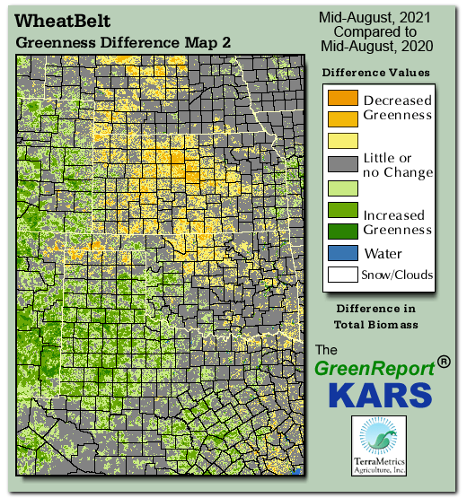Color-coded Wheat Belt vegetation greeness index map for Period 33 of 2021, illustrating spatial variations in plant vigor, with greener tones indicating higher biomass and browner tones indicating stressed vegetation,
              comparing current crop/vegetation change in biomass to same period from the previous year.