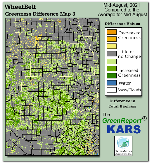 Color-coded Wheat Belt vegetation greeness index map for Period 33 of 2021, illustrating spatial variations in plant vigor, with greener tones indicating higher biomass and browner tones indicating stressed vegetation,
              comparing current crop/vegetation change in biomass to the 20-year greenness average.