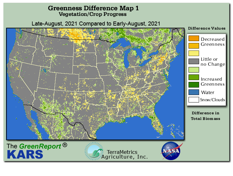 Color-coded U.S. vegetation greeness index map for Period 34 of 2021, illustrating spatial variations in plant vigor, with greener tones indicating higher biomass and browner tones indicating stressed vegetation,
              comparing current crop/vegetation change in biomass to the previous week within the same year.