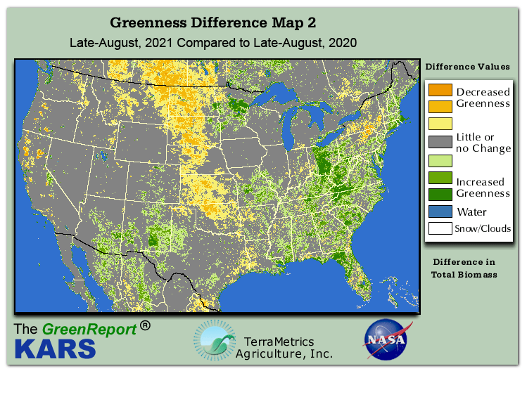 Color-coded U.S. vegetation greeness index map for Period 34 of 2021, illustrating spatial variations in plant vigor, with greener tones indicating higher biomass and browner tones indicating stressed vegetation,
              comparing current crop/vegetation change in biomass to same period from the previous year.