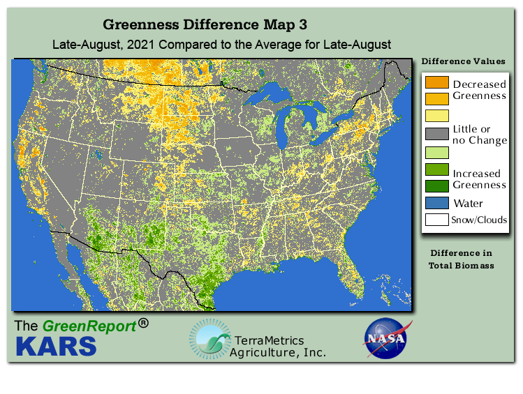 Color-coded U.S. vegetation greeness index map for Period 34 of 2021, illustrating spatial variations in plant vigor, with greener tones indicating higher biomass and browner tones indicating stressed vegetation,
              comparing current crop/vegetation change in biomass to the 20-year greenness average.