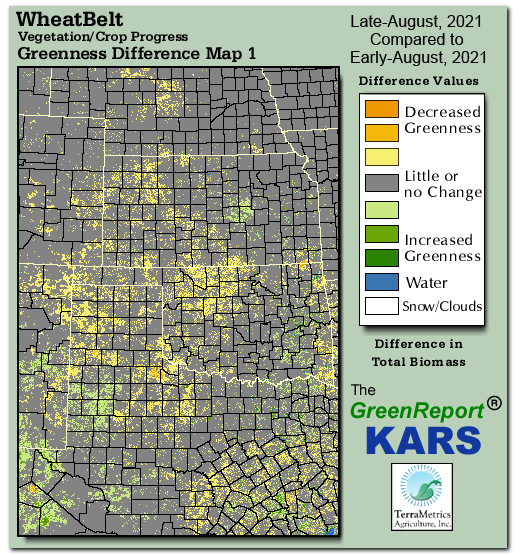Color-coded Wheat Belt vegetation greeness index map for Period 34 of 2021, illustrating spatial variations in plant vigor, with greener tones indicating higher biomass and browner tones indicating stressed vegetation,
              comparing current crop/vegetation change in biomass to the previous week within the same year.