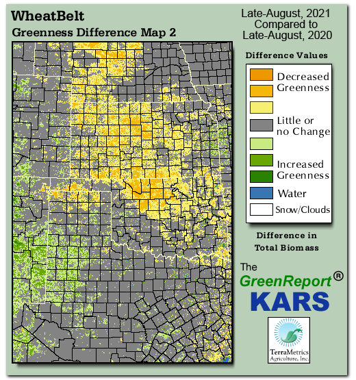 Color-coded Wheat Belt vegetation greeness index map for Period 34 of 2021, illustrating spatial variations in plant vigor, with greener tones indicating higher biomass and browner tones indicating stressed vegetation,
              comparing current crop/vegetation change in biomass to same period from the previous year.